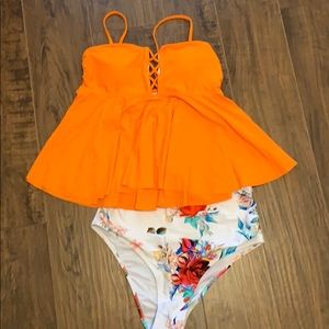 Orange Ruffled tankini with high waist bottoms